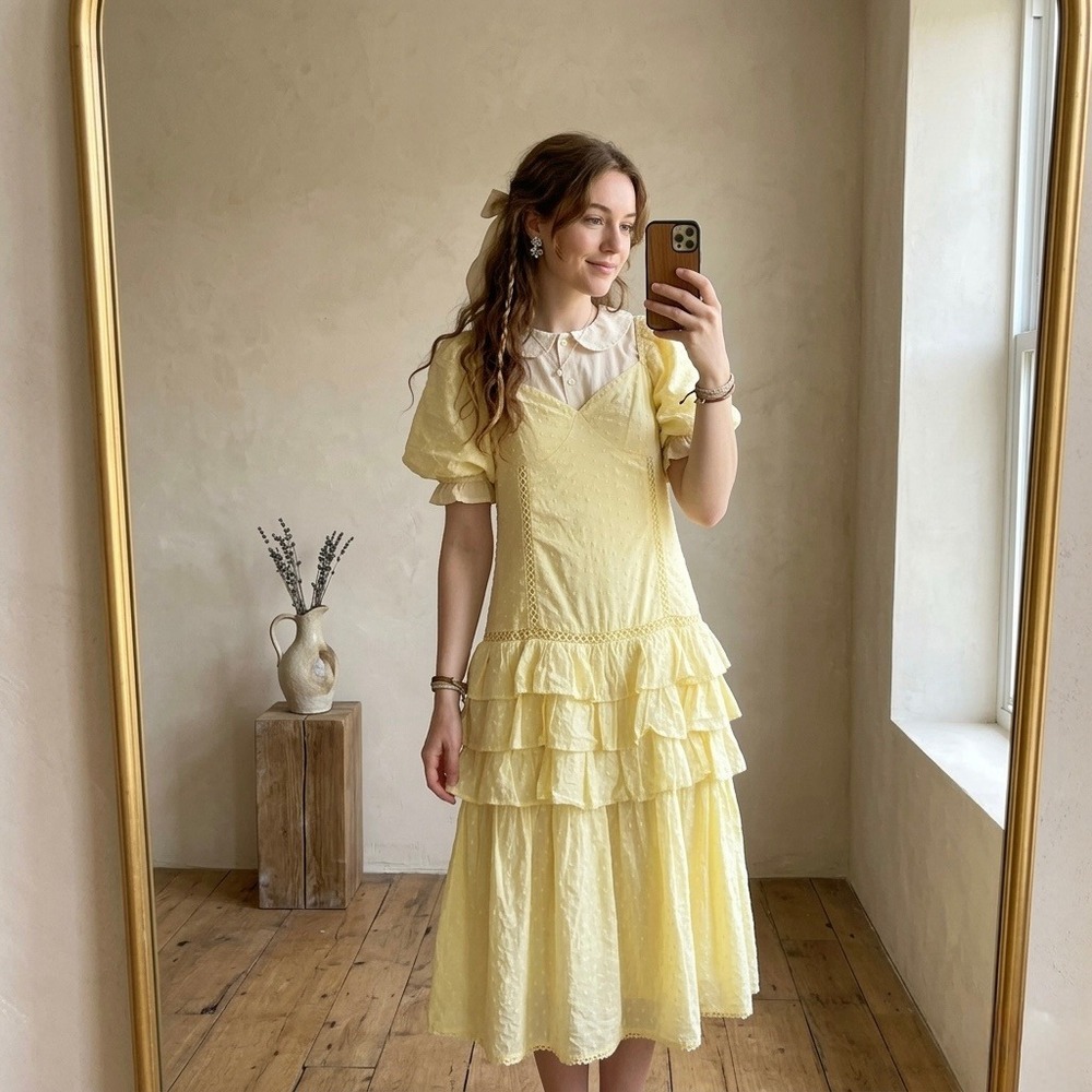 Just Me Swiss Dot Puff Sleeve Tiered Midi Dress L Yellow‎ Drop Waist Cottage